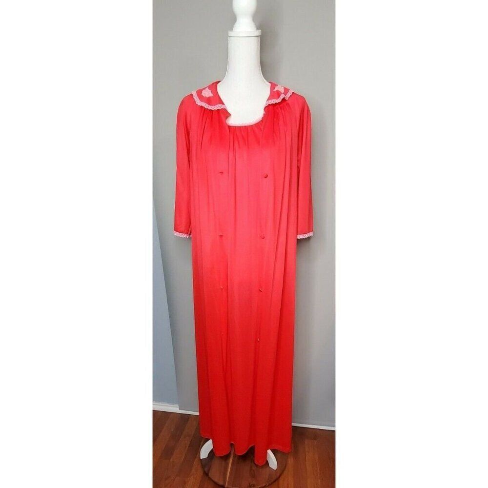 Lorraine Vintage Red Pink Lace Trimmed Nylon Nightgown/Robe Peignoir 2 PC Set S